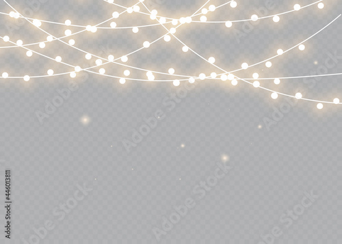 Christmas lights. Bright Xmas garland. Vector glow light bulbs on wire strings.