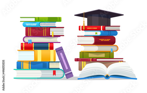 Open book with Graduation cap and stack of books isolated vector illustration. Academic and school knowledge  education and graduation. Reading  encyclopedia. Template for books Shop advertising