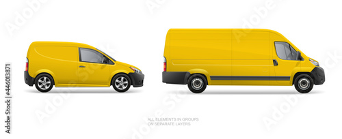 Realistic vector yellow delivery van car template on white background. Yellow corporate van for corporate branding design. Delivery service vehicle
