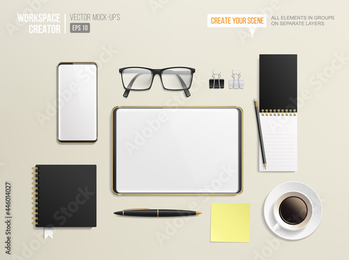 Workspace office tools of tablet, phone and stationery elements realistic vector mockup. Business workplace objects. Top view coffee cup