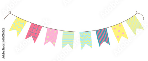 Hand drawn colorful birthday flags for decoration. Doodle style paper party garland. Vector illustration of carnival or festival element. Kids birthday celebration, clipart design