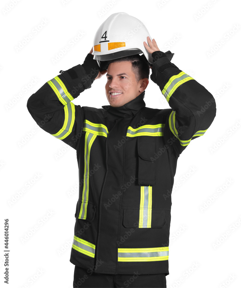 Portrait of firefighter in uniform wearing helmet on white background Portrait of firefighter in uniform wearing helmet on white background