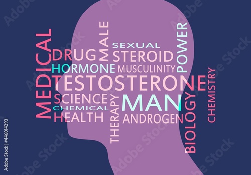 Hormone testosterone tags overlayed on the silhouette of the face