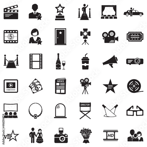 Hollywood Icons. Black Flat Design. Vector Illustration.