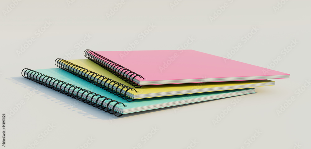 Stacked spiral binder notebooks. Blank colourful notebooks. Side view. 3D rendering illustration. Stacked spiral binder notebooks. Blank colourful notebooks. Side view. 3D rendering illustration.