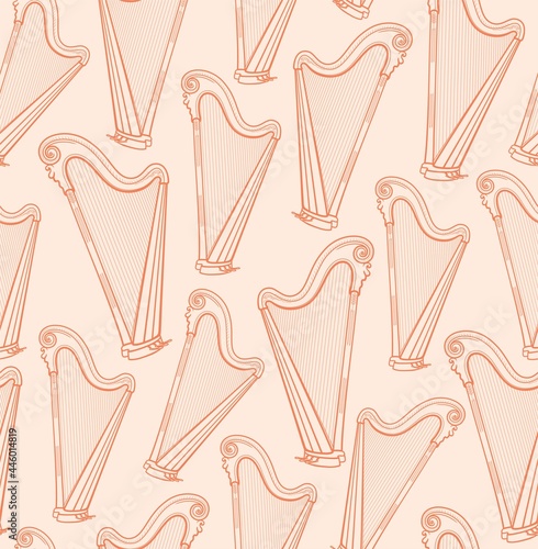 Harp, seamless pattern, pink, contour pattern, vector. Music. Seamless, flat pattern. Brown harps on a pink field. A thin contour drawing. Vector. 