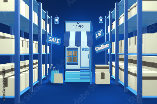 Shopping online and delivery on popular mobile applications around the world with blue phone and storage shelf on gradient blue background.3D rendering, front view.