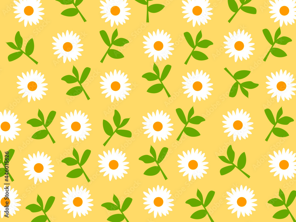 Seamless vector pattern White daisy flowers field on yellow background. Floral summer texture for wrapping paper, card, gift, fabric, textile, banner, wallpaper Seamless vector pattern White daisy flowers field on yellow background. Floral summer texture for wrapping paper, card, gift, fabric, textile, banner, wallpaper
