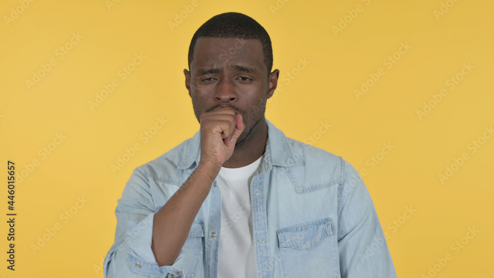 Sick Young African Man Coughing, Yellow Background Sick Young African Man Coughing, Yellow Background