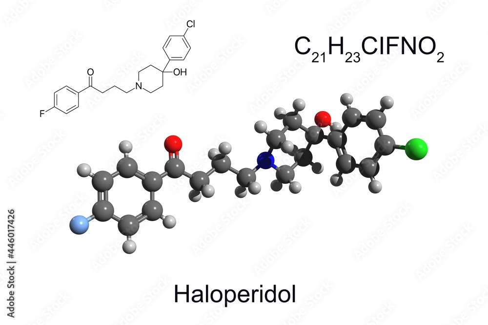 Chemical formula, skeletal formula, and 3D ball-and-stick model of antipsychotic drug haloperidol, white background Chemical formula, skeletal formula, and 3D ball-and-stick model of antipsychotic drug haloperidol, white background