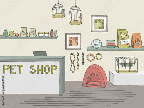 Pet shop store graphic interior color sketch illustration vector 