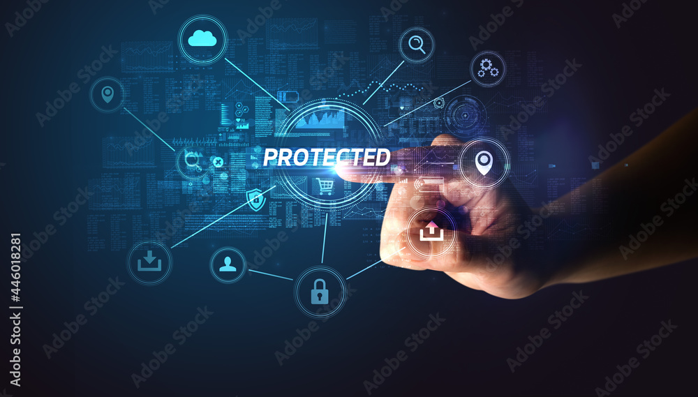 Hand touching cybersecurity button concept Hand touching cybersecurity button concept
