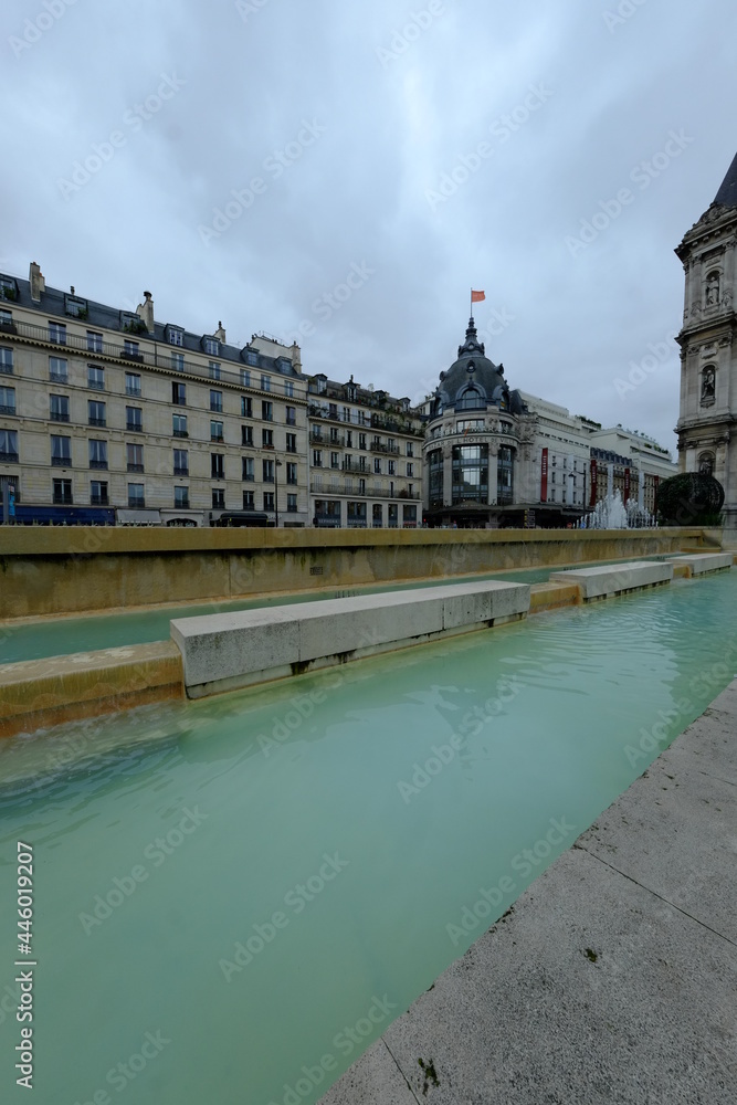 The fountains of the Paris city hall. July 2021, France