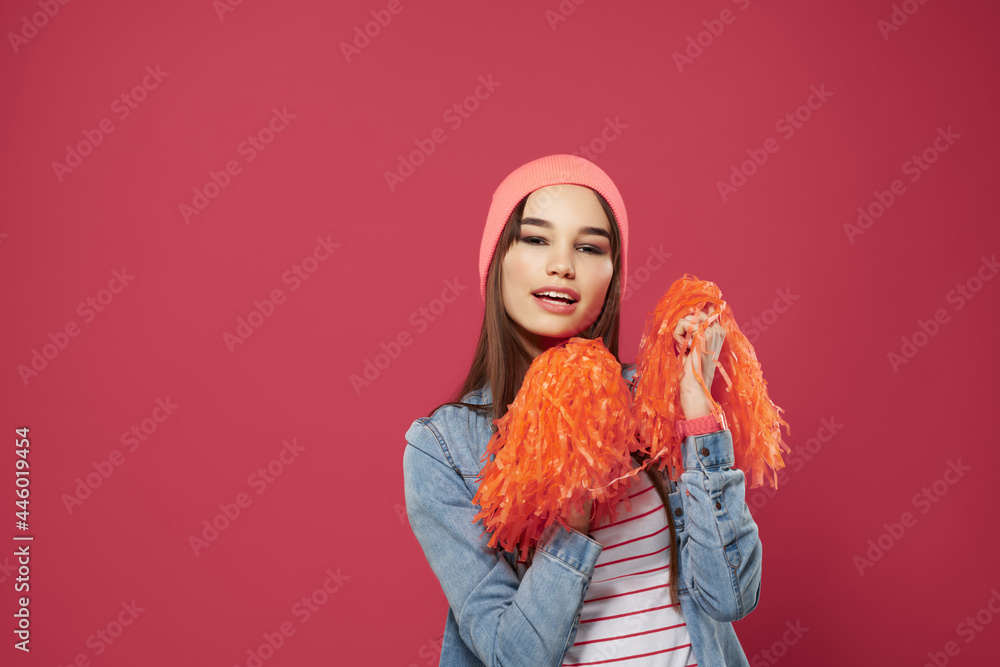 cute brunette wearing pink hat cheerleading dance victory cute brunette wearing pink hat cheerleading dance victory