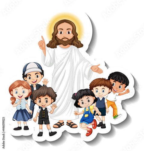 Jesus Christ with children group sticker on white background