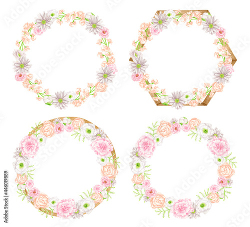 Watercolor floral wreaths with wood border set. Hand drawn geometric frames with blush flowers isolated on white. Wooden hexagon, botanical arrangement with pastel flower buds for wedding invitations