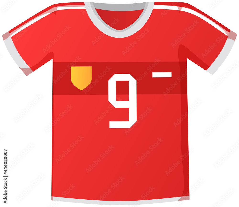 Sport uniform Jersey, red soccer shirt flat vector clothing element  isolated on white background. Clothing for team play of athletes,  goalkeeper, striker with number and emblems, t shirt icon Stock Vector