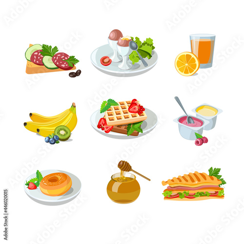 Classic hotel breakfast set with waffles, orange juice, sandwich and donut. Menu poster with eggs, fruit yogurt and honey. Brunch healthy start day options food. Vector illustration.