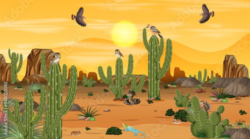 Desert forest landscape at sunset scene with desert animals and plants