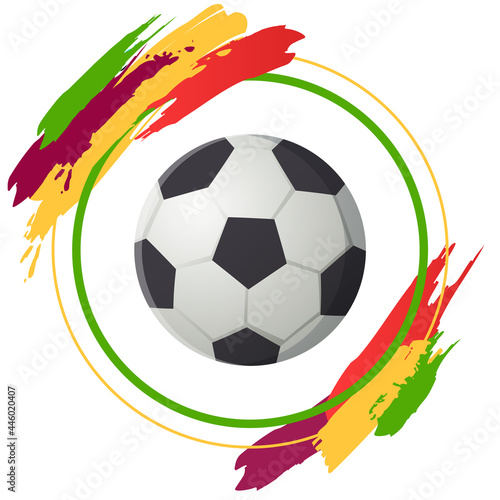 Soccer ball in round colored frame  black and white classic leather ball to play football. Football spherical object with patches  simple element for playing soccer game. Sports equipment icon