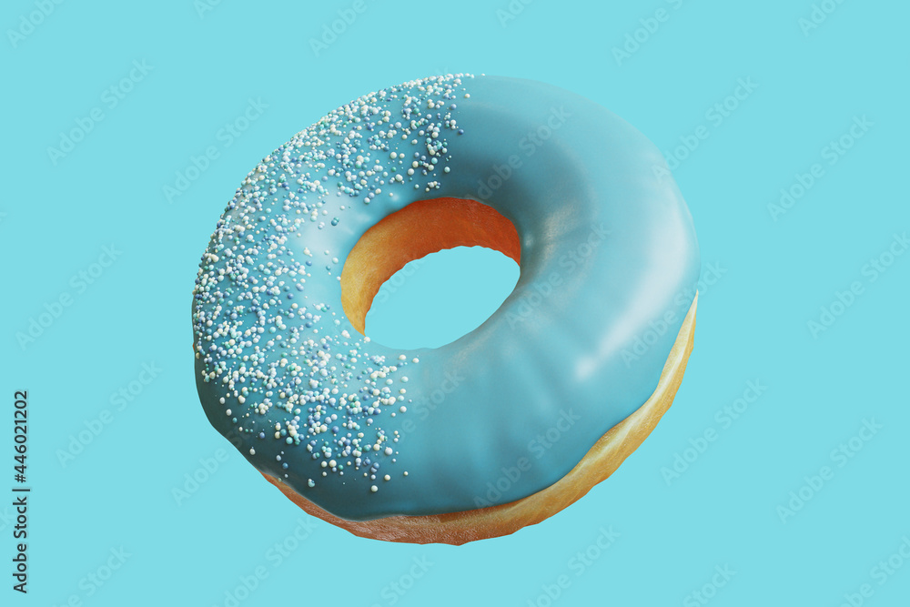 Closeup Blue Doughnut topping with Icing Sprinkles sweet isolated floating on blue background. Minimal Food Idea concept 3D Rendering.