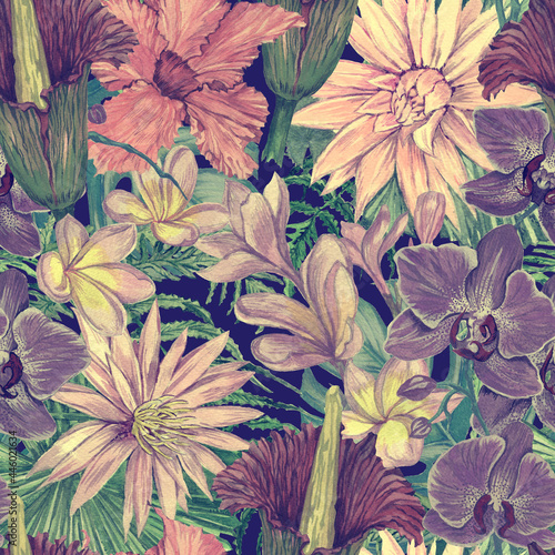 Seamless hand drawn watercolor pattern with indonesian leaves, flowers