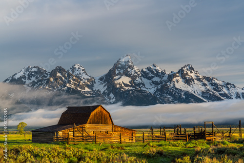 Sunrise of historic Moulton Barn in the Grand Teton National Park, Wyoming, USA..