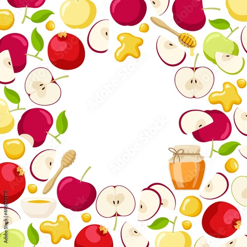 Round apple, pomegranate fruit and honey frame. Jewish New Year Holiday. Shana Tova Wreath isolate on white for card, border, banner, invitations. Copy space. Rosh hashanah template flat style