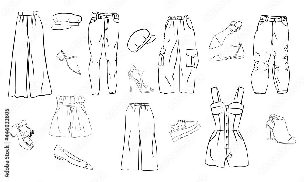 Hand drawn set of fashion women's clothing and accessories. Set of fashion doodles of bags and shoes. Set of hand drawn online fashion shopping. Fashion sketches. Casual style. Sketches of clothes. Hand drawn set of fashion women's clothing and accessories. Set of fashion doodles of bags and shoes. Set of hand drawn online fashion shopping. Fashion sketches. Casual style. Sketches of clothes.