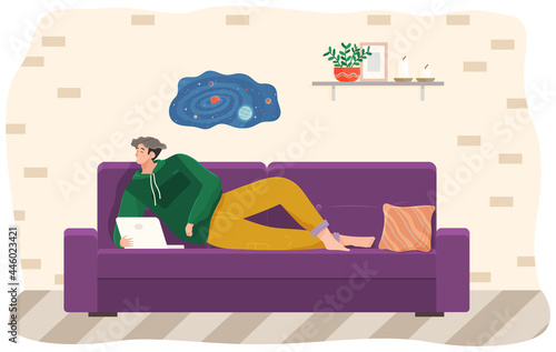 Man lying on couch with computer, holding laptop and correspondence surfing in Internet. Male character communicating with friends, studying remotely, sitting on sofa, relaxing, resting after work
