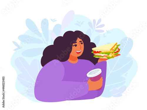 A woman holding a triangle blt club sandwich and coffee. A girl eats fast food. A vector cartoon illustration.