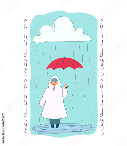 A cute little girl standing in a puddle under an umbrella. A kid in rain. Rainy day doodle. A vector cartoon illustration.