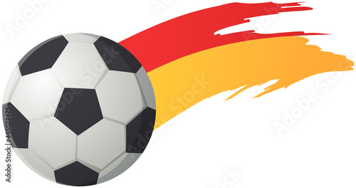 Soccer ball flies after strong hit leaves trail, black and white leather ball to play football on white background. Football spherical object with patches, sport equipment for playing soccer game