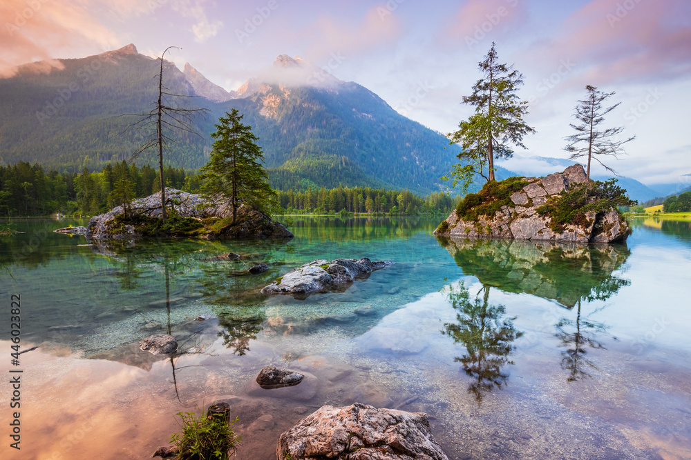 Berchtesgaden National Park, Germany. Lake Hintersee and the Bavarian Alps at sunrise.