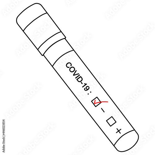 Test tube with patient's blood analysis. Sketch. Testing for coronavirus infection Covid-19. The result is negative. Vector illustration. Coloring book for children. Outline on an isolated background
