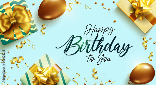 Happy birthday vector background design. Happy birthday to you greeting text with gold elegant gifts, ribbon and balloons elements for birth day party celebration card design. Vector illustration
