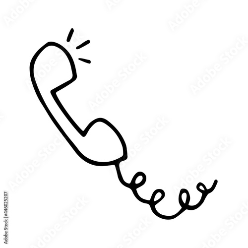 Black and white cartoon telephone handset. Vector illustration in doodle style of telephone receiver. Hand drawn sign of phone for hotline, helpline or support service.