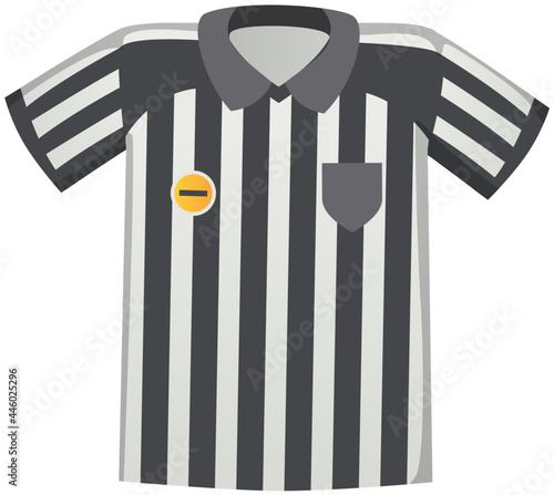 Sport uniform black and white striped Jersey, soccer match referee shirt flat vector clothing element isolated. Clothing for team play of athletes, goalkeeper, striker with emblems, t shirt icon
