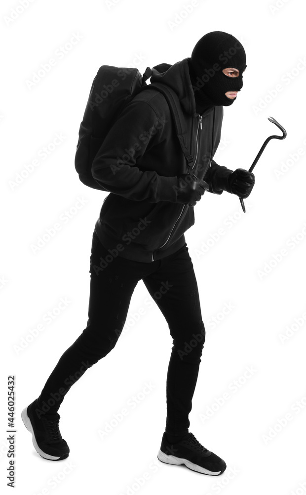 Man wearing black balaclava with backpack and crowbar on white background Man wearing black balaclava with backpack and crowbar on white background