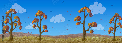 vector autumn deciduous trees with orange leaves on field.