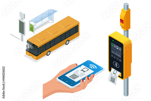 Isometric electronic validator of public transport fare. Contactless wireless payment via mobile phone. Bus ticket validator. Woman paying contactless with smartphone for public transport in the bus