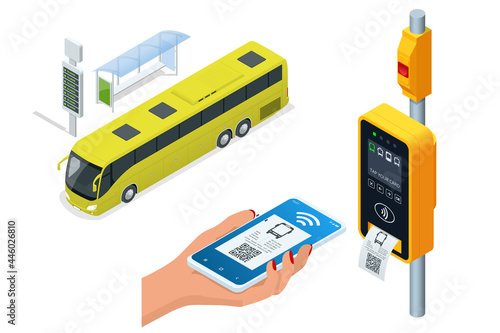 Isometric electronic validator of public transport fare. Contactless wireless payment via mobile phone. Bus ticket validator. Woman paying contactless with smartphone for public transport in the bus