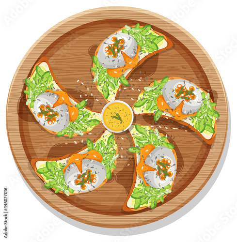 Top view of many breakfast bruschetta on a round plate isolated