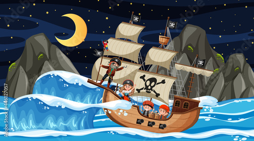 Ocean with Pirate ship at night scene in cartoon style