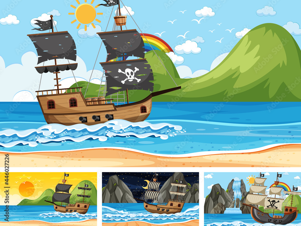 Naklejka premium Set of ocean scenes at different times with Pirate ship in cartoon style