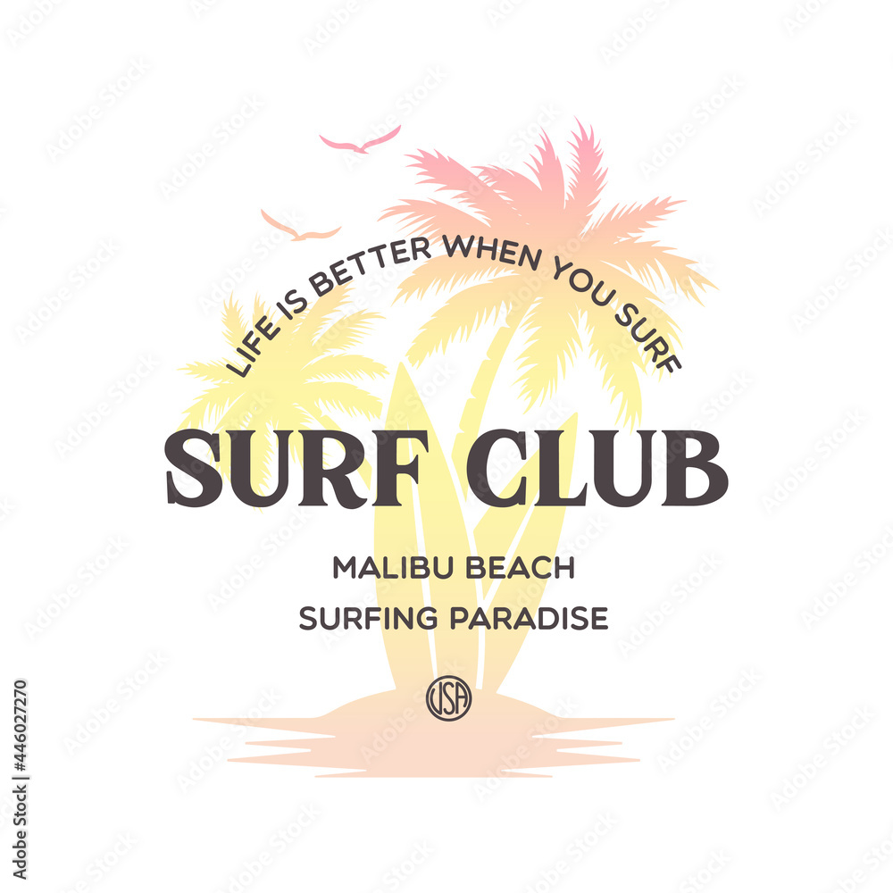 Surf slub stylish graphic t-shirt vector design, typography. Design for poster, print on the theme of summer.