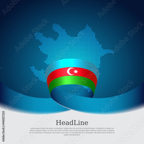 Azerbaijan flag, mosaic map on blue white background. Wavy ribbon with azerbaijani flag. Vector banner design, azerbaijan national poster. Cover for business booklet. State patriotic, flyer, brochure