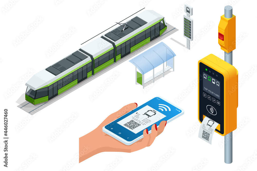 Isometric electronic validator of public transport fare. Contactless wireless payment via mobile phone. tram ticket validator. Woman paying contactless with smartphone for public transport in the tram - obrazy, fototapety, plakaty 