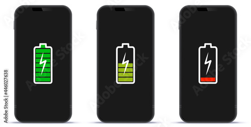 Mobile Phone Screen With Full, Mid and Low Battery Charge Indicator Icons Vector Illustration.