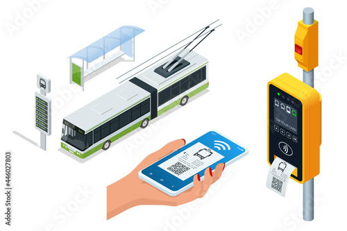 Isometric electronic Contactless wireless payment via mobile phone. Trolleybus ticket validator. Woman paying contactless with smartphone for public transport in the trolleybus.